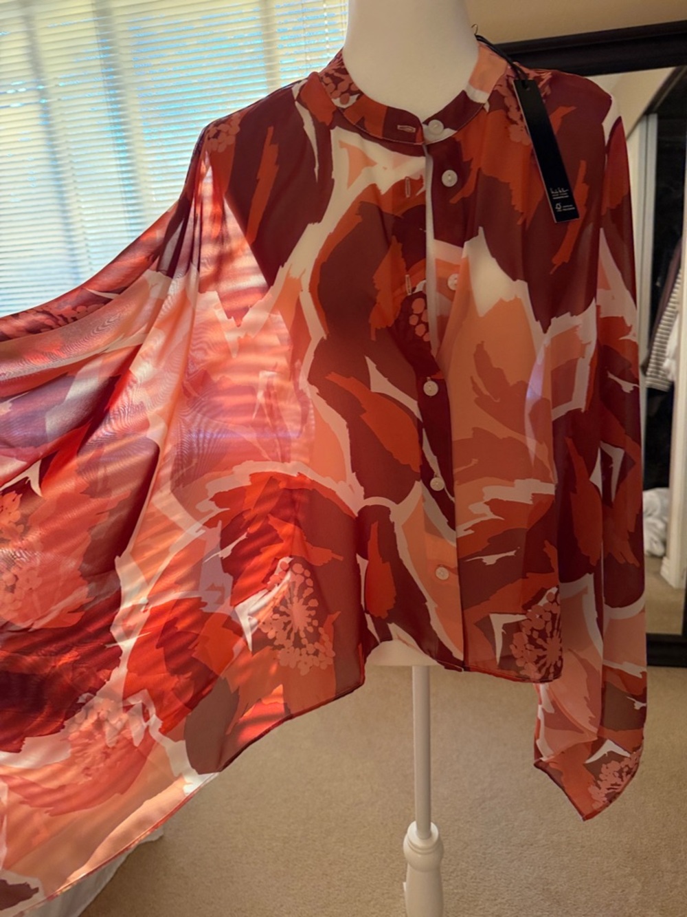 Nicole Miller Red and Coral Abstract Floral Button-Front Blouse
